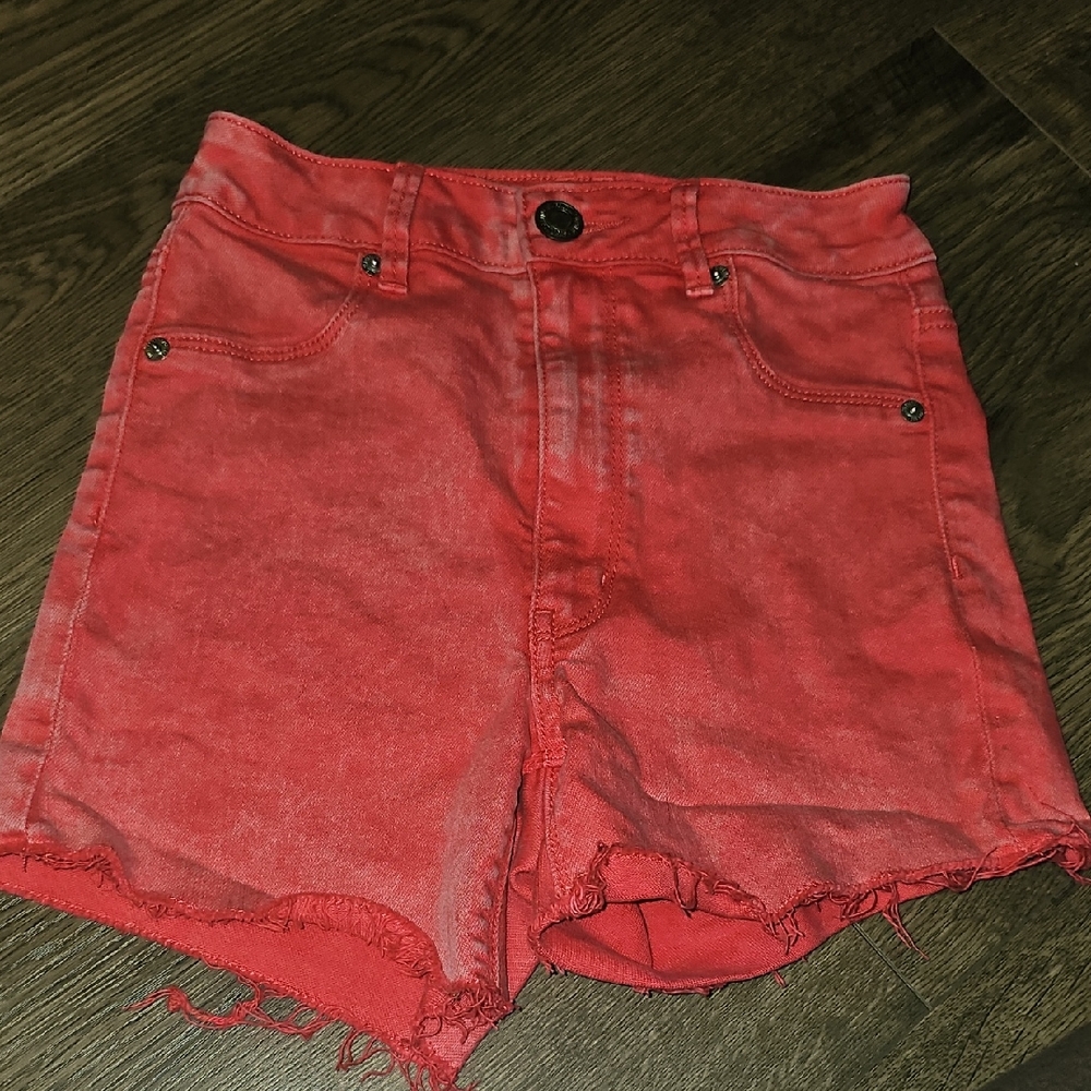 American Eagle Outfitters Washed Red Jean Denim Shorts Size 0 Distressed Frayed